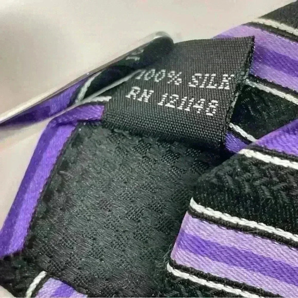 SEAN JOHN Mens Necktie Purple Black & Silver Striped 100% Silk Tie Classic Width - Picture 6 of 6
